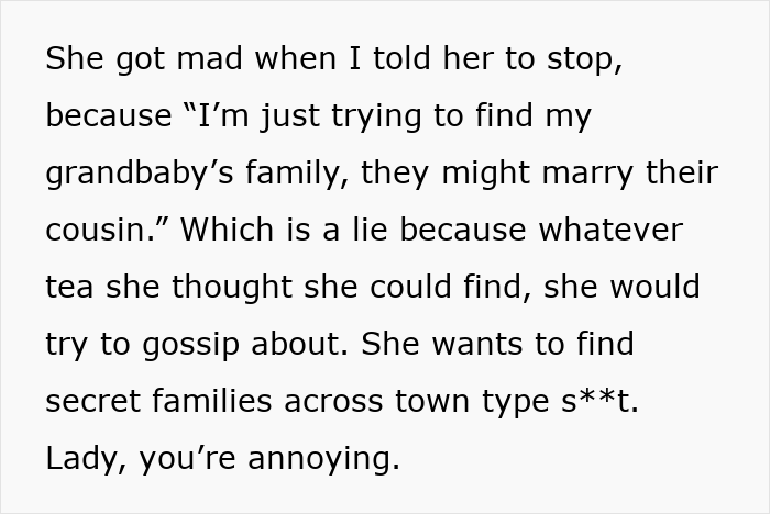 Text explaining a nosy mother annoying family with ancestry tests to uncover secret family connections and gossip attempts.