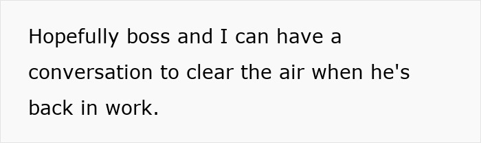 Text on a screen expressing hope for a conversation with the boss to clear the air, related to claim affair innocent worker. Text on a screen expressing hope for a conversation with the boss to clear the air, related to claim affair innocent worker.