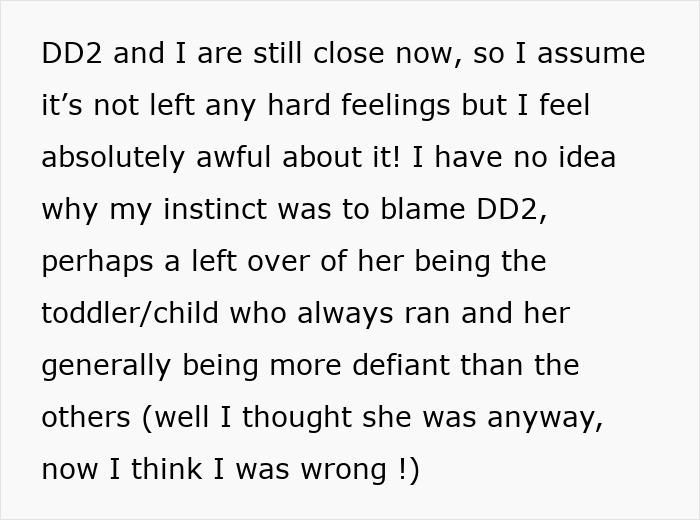 Text describing a mother expressing regret for using her daughter as a family scapegoat and feeling awful about it. Text describing a mother expressing regret for using her daughter as a family scapegoat and feeling awful about it.
