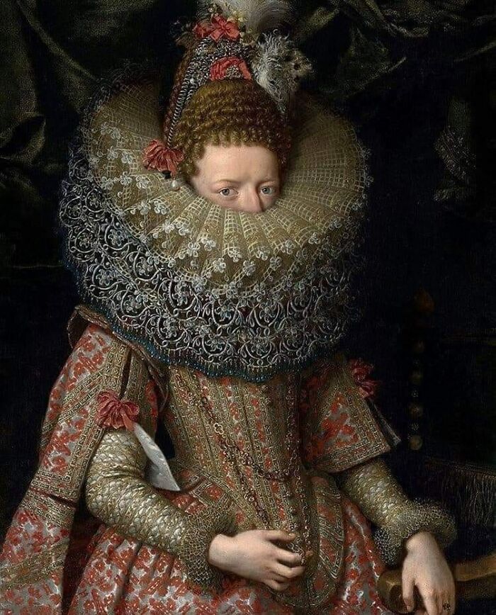 Classical painting of a woman with an elaborate lace ruff collar and ornate Renaissance attire in dark setting.