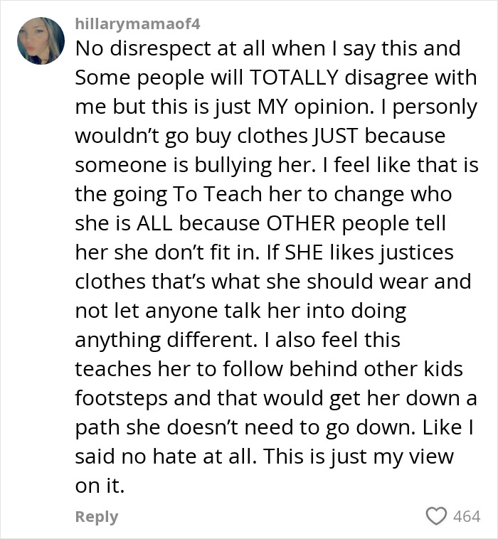 Comment discussing a mom venting about daughter getting bullied for her clothes and brands stepping up to help. Comment discussing a mom venting about daughter getting bullied for her clothes and brands stepping up to help.