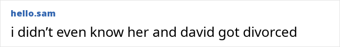 Text saying i didn’t even know her and david got divorced, in a plain chat interface with username hello.sam in blue. Text saying i didn’t even know her and david got divorced, in a plain chat interface with username hello.sam in blue.