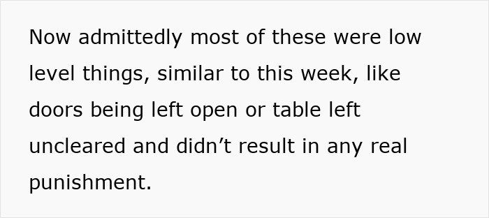 Text excerpt discussing low-level family issues like open doors and uncleared tables that didn’t lead to punishment. Text excerpt discussing low-level family issues like open doors and uncleared tables that didn’t lead to punishment.