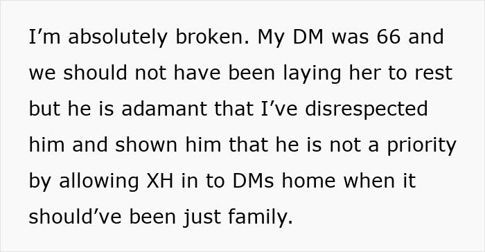 Text message expressing grief and conflict involving funeral arrangements between mother, partner, and ex-husband. Text message expressing grief and conflict involving funeral arrangements between mother, partner, and ex-husband.