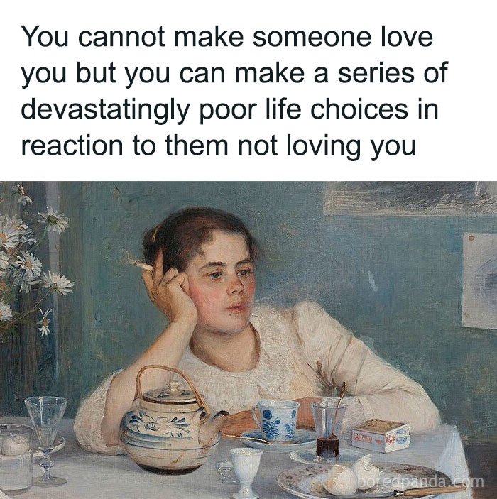 Modern captions added to old paintings showing a woman reflecting sadly with tea and breakfast at a table.