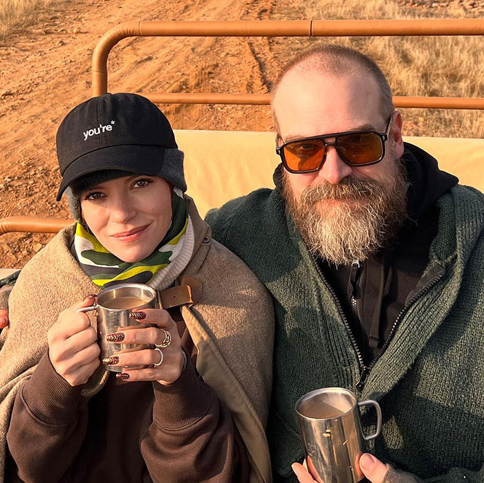 David Harbour and Lily Allen pictured outdoors with mugs, amid online fans clashing over cheating and firing debate. David Harbour and Lily Allen pictured outdoors with mugs, amid online fans clashing over cheating and firing debate.