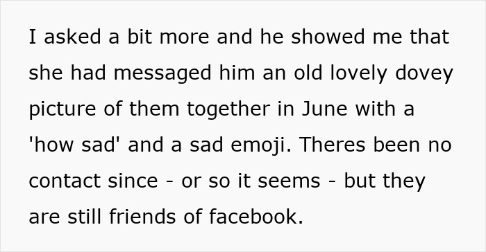 Text excerpt discussing a 51-year-old woman feeling insecure as she suspects her boyfriend enjoys his newly-single ex&rsquo;s attention.