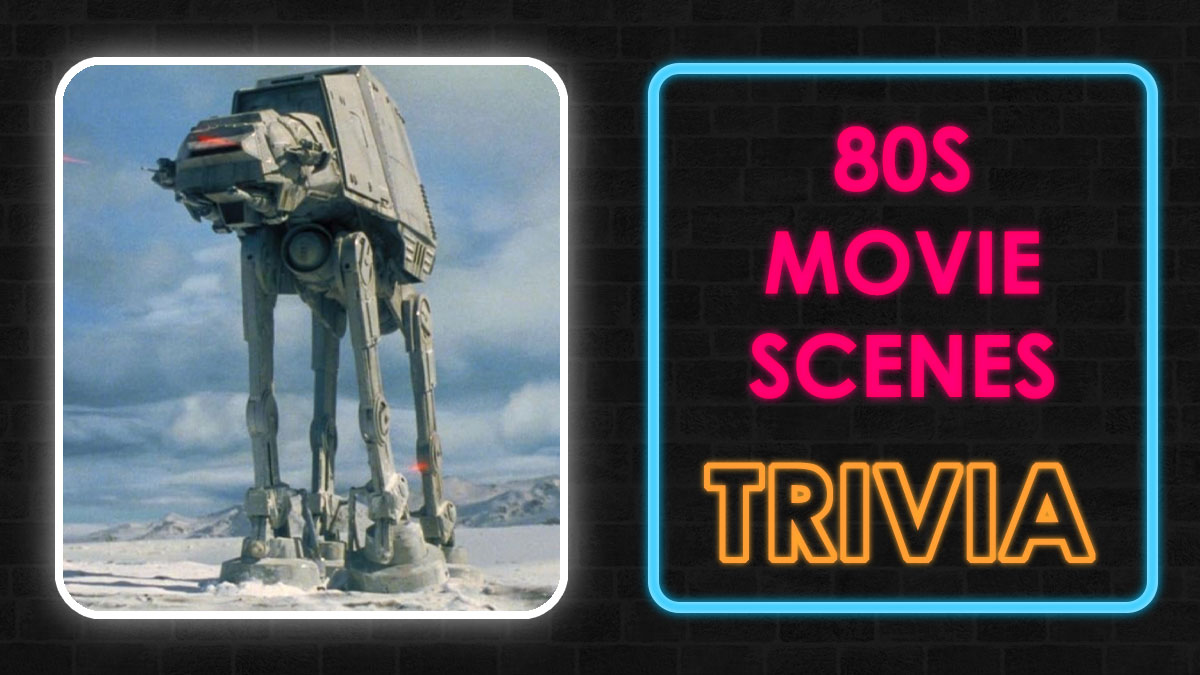 AT-AT walker from an iconic 1980s movie scene displayed with 80s movie scenes trivia neon sign.