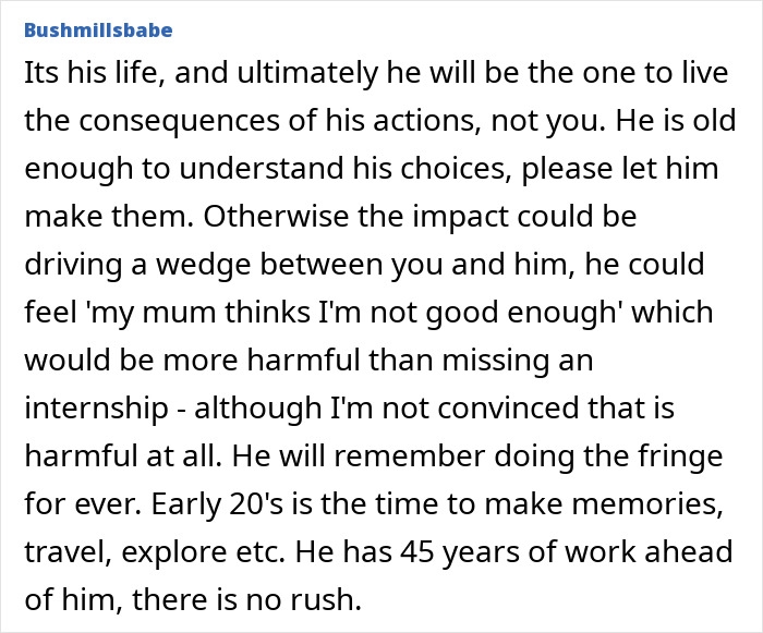 Comment discussing steer sons career against dreams, emphasizing life choices, consequences, and making memories in early 20s. Comment discussing steer sons career against dreams, emphasizing life choices, consequences, and making memories in early 20s.