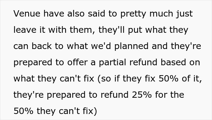 Text discussing venue offering a partial refund after wedding sabotage by parents days before the ceremony.
