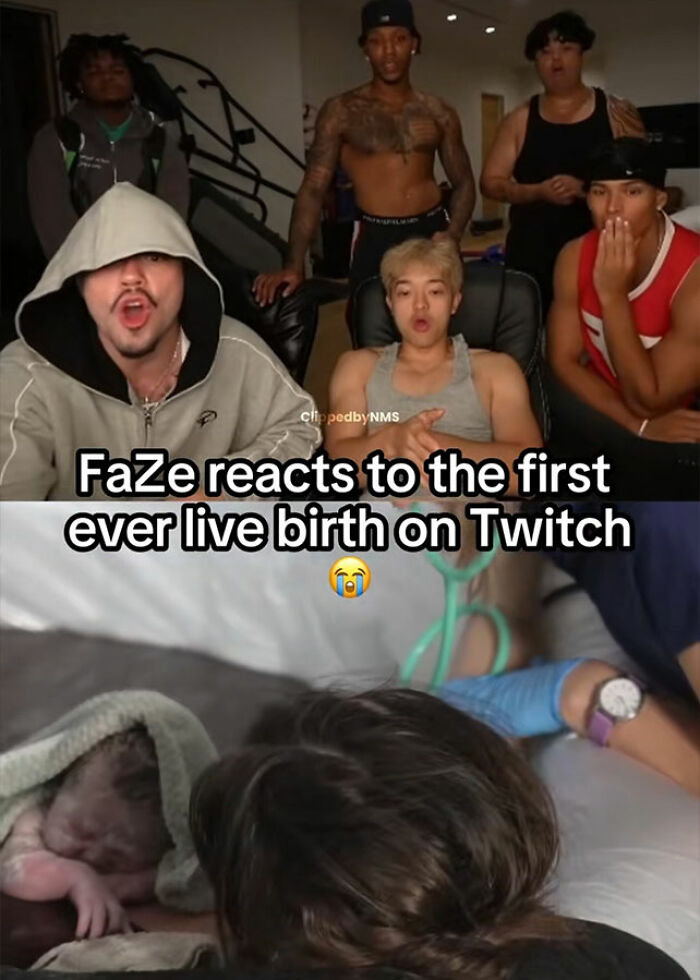 Group of young men reacting to a woman giving birth on Twitch livestream with intense expressions and focus. Group of young men reacting to a woman giving birth on Twitch livestream with intense expressions and focus.