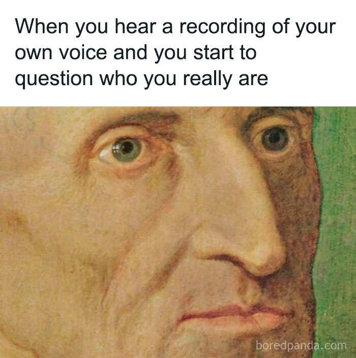 Close-up of a classical painting with a modern caption creating comedy gold by adding humor to old art.