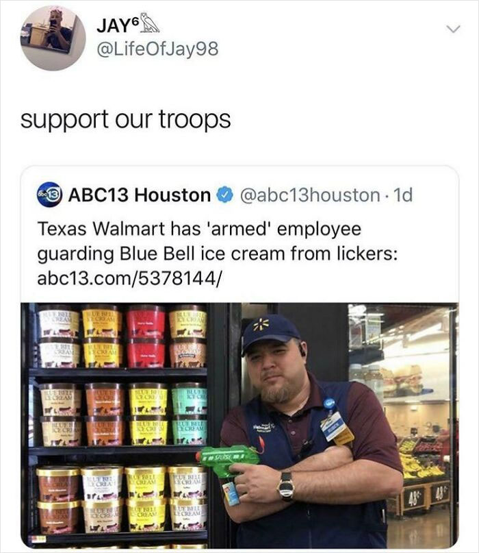 Walmart employee guarding Blue Bell ice cream with a toy gun shows unusual security at Texas Walmart location.