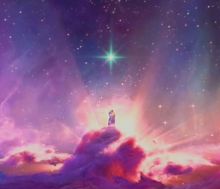 A colorful cosmic scene with two people embracing on a glowing cloud under a bright star, referencing heterosexual breeding propaganda. A colorful cosmic scene with two people embracing on a glowing cloud under a bright star, referencing heterosexual breeding propaganda.