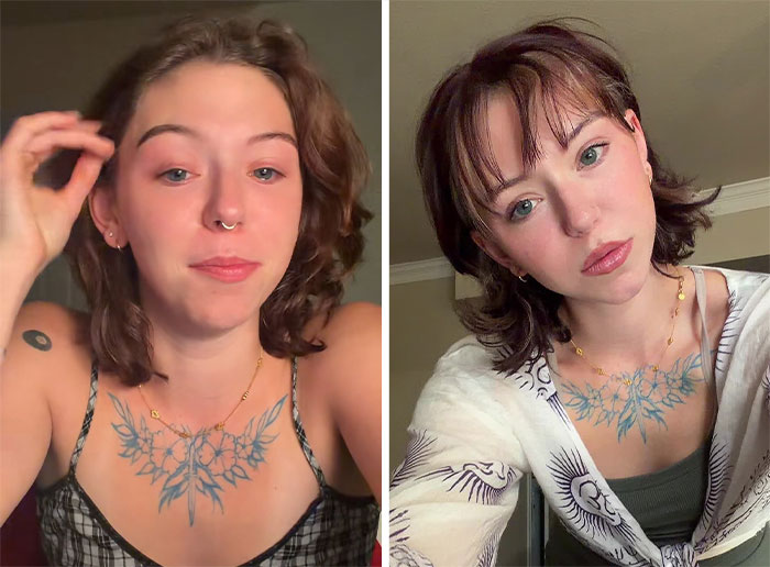 Woman before and after removing nose ring in two side-by-side photos, highlighting change and reaction to political comments. Woman before and after removing nose ring in two side-by-side photos, highlighting change and reaction to political comments.