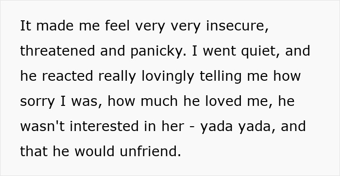 Text excerpt about feeling insecure in a relationship, highlighting a 51YO woman suspecting boyfriend enjoys ex&rsquo;s attention.