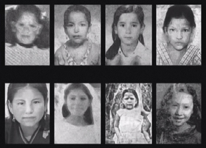Black and white photos of young girls who were victims linked to a monster who strangled over 100 young girls. Black and white photos of young girls who were victims linked to a monster who strangled over 100 young girls.