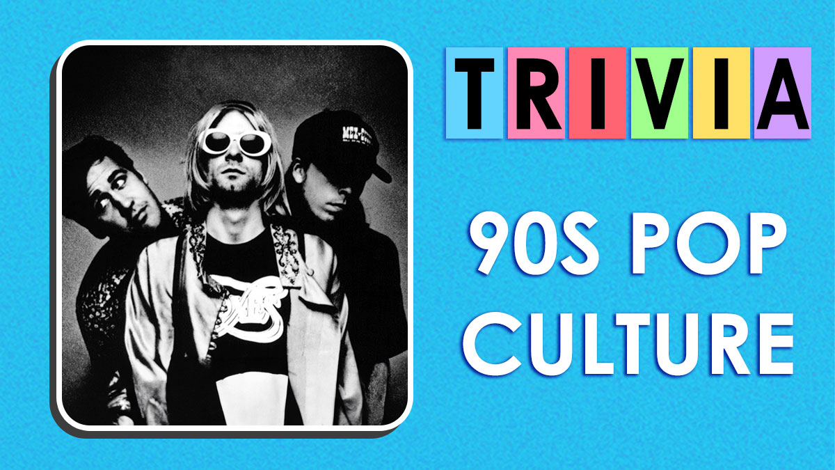 Black and white photo of three 90s musicians next to colorful trivia letters and bold text saying 90s pop culture.
