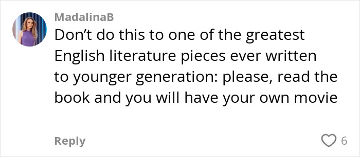 Comment from user MadalinaB criticizing the portrayal of Wuthering Heights in Margot Robbie's provocative trailer. Comment from user MadalinaB criticizing the portrayal of Wuthering Heights in Margot Robbie's provocative trailer.