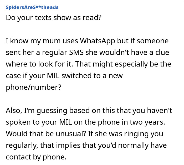 Online forum post discussing a daughter-in-law freaked out by mystery calls from her mother-in-law's new number Online forum post discussing a daughter-in-law freaked out by mystery calls from her mother-in-law's new number