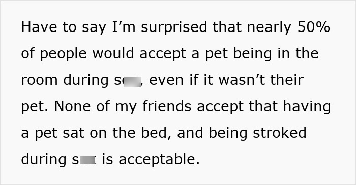 Text discussing the acceptance of stroking a cat during intimacy and pets being present in the room. Text discussing the acceptance of stroking a cat during intimacy and pets being present in the room.