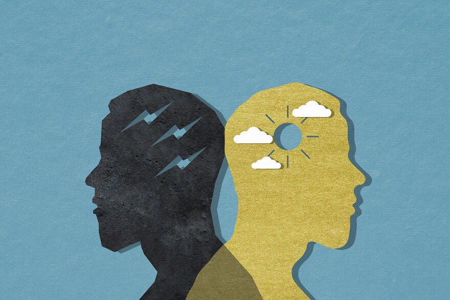 Silhouettes of two heads back-to-back, one dark with lightning bolts, the other golden with sun and clouds, symbolizing mindset shift. Silhouettes of two heads back-to-back, one dark with lightning bolts, the other golden with sun and clouds, symbolizing mindset shift.