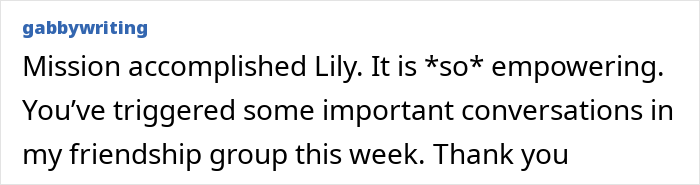 Text post by gabbywriting expressing empowerment and gratitude for Lily Allen triggering important conversations in a friendship group. Text post by gabbywriting expressing empowerment and gratitude for Lily Allen triggering important conversations in a friendship group.