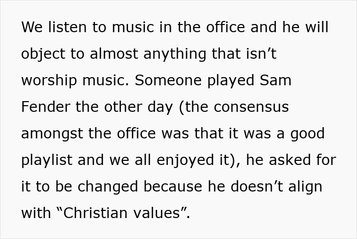Text excerpt showing a coworker objecting to office music for not aligning with Christian values, causing tension. Text excerpt showing a coworker objecting to office music for not aligning with Christian values, causing tension.