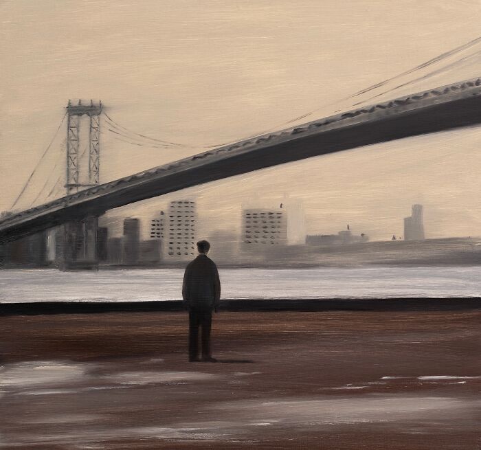 Surreal painting by Zhiyong Jing depicting a lone figure beneath a large bridge with a city skyline in the background.