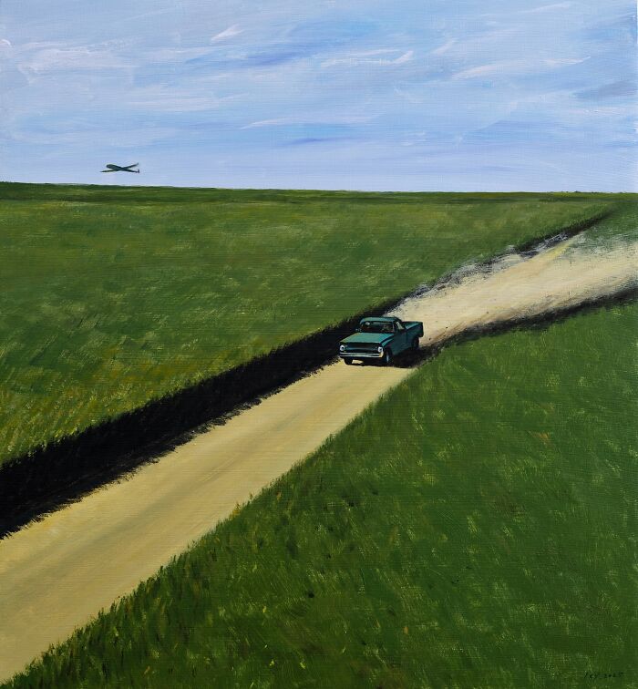 Painting by Zhiyong Jing showing a car on a dirt road in a green field under a blue sky with a small plane flying above.