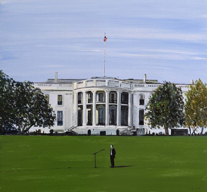 Painting by Zhiyong Jing depicting a solitary figure in front of the White House blending dreams and reality.