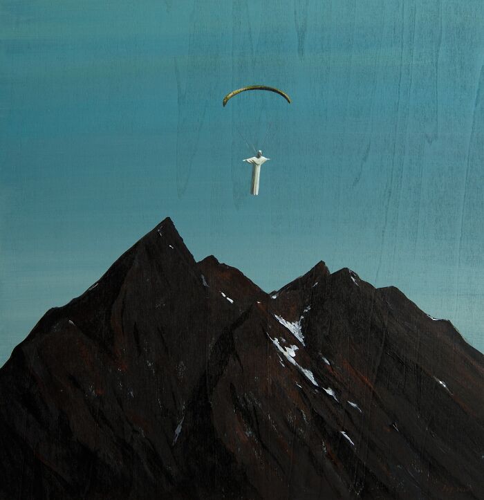 Surreal painting by Zhiyong Jing showing a figure parachuting above dark mountains against a blue sky.
