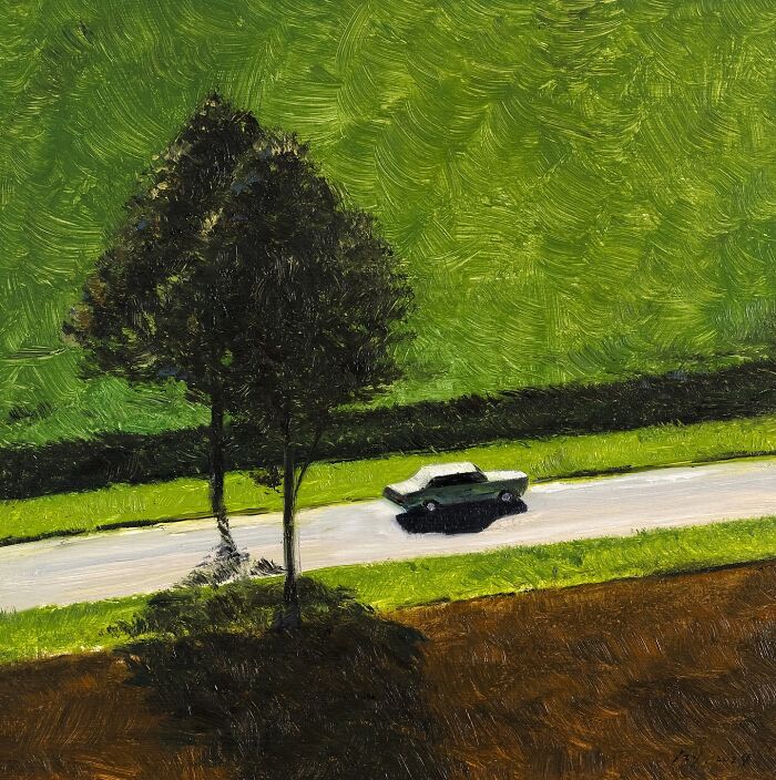 Surreal painting by artist Zhiyong Jing showing a car driving past two tall trees on a road with vibrant green and brown fields.