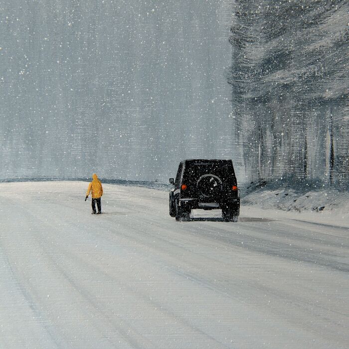 A painting by artist Zhiyong Jing showing a snowy road with a person in a yellow jacket walking away from a black vehicle.