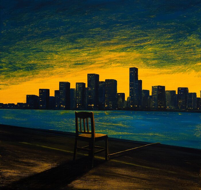 Empty chair on a dock overlooking a city skyline at sunset, a painting by Zhiyong Jing exploring dreams and reality.
