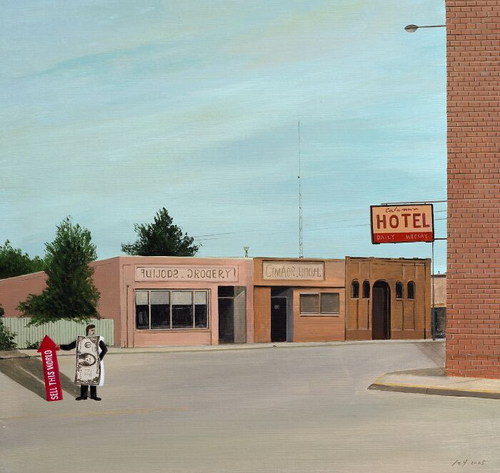 Surreal painting by Zhiyong Jing depicting a quiet street with a hotel and a figure holding a giant dollar bill.