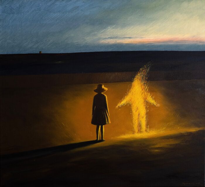 Silhouette of a person in a hat facing a glowing figure in a dark landscape, painting by Zhiyong Jing.