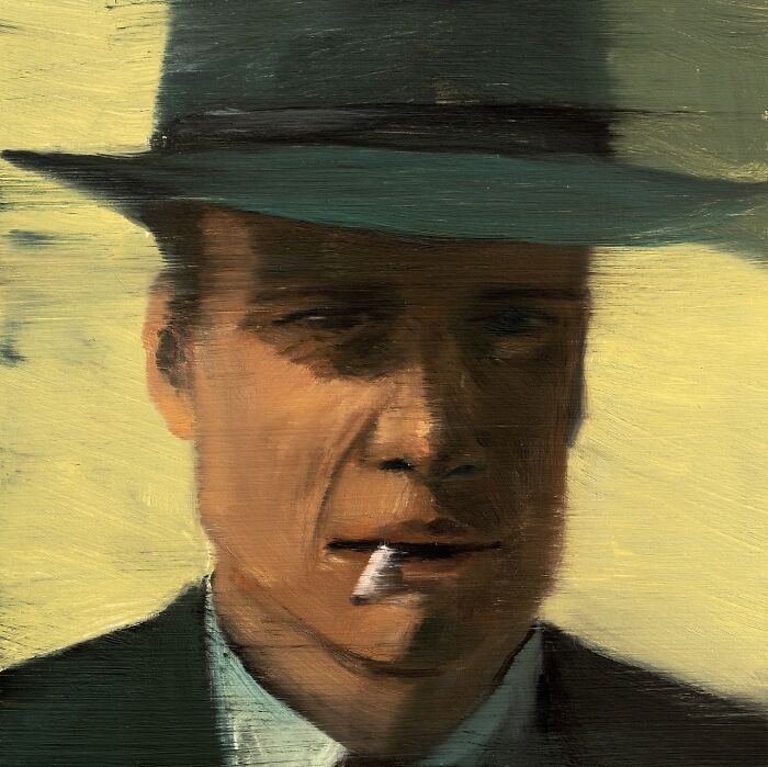 Portrait painting by artist Zhiyong Jing showing a man in a hat with a cigarette, blending dreams and reality themes.