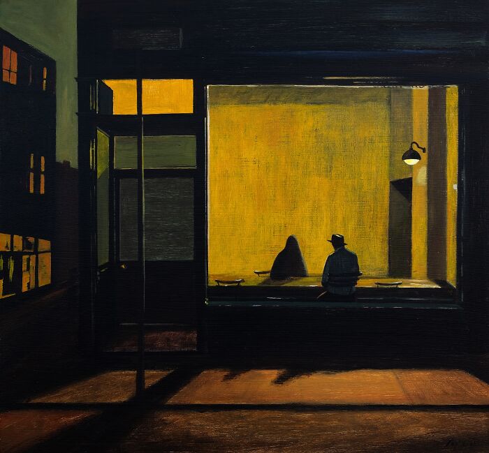 Painting by artist Zhiyong Jing depicting a shadowy urban scene exploring the space between dreams and reality.