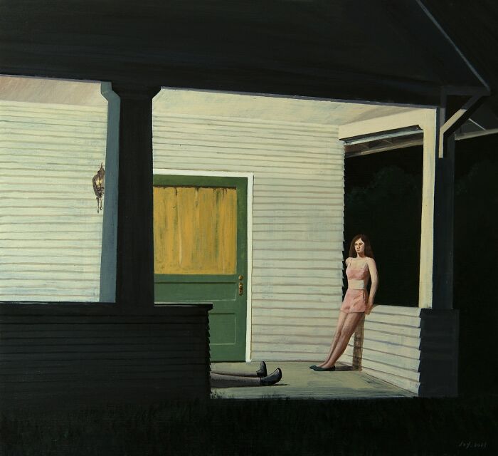 Woman in pink dress standing on a porch at night in a painting by artist Zhiyong Jing exploring dreams and reality.