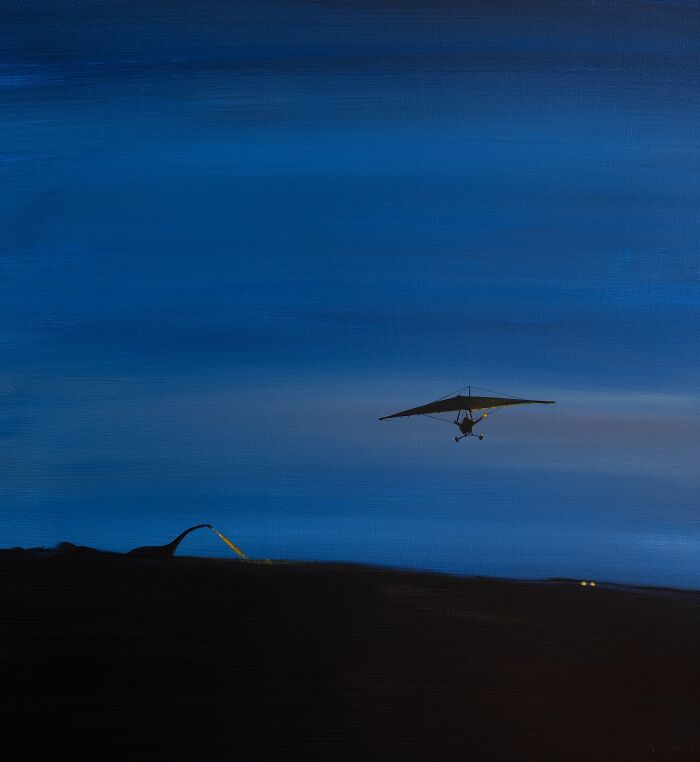 Surreal painting by Zhiyong Jing featuring a glider in a deep blue sky, blending the space between dreams and reality.
