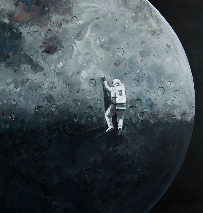 Astronaut painting on a textured moon surface, representing the space between dreams and reality in Zhiyong Jing's art.