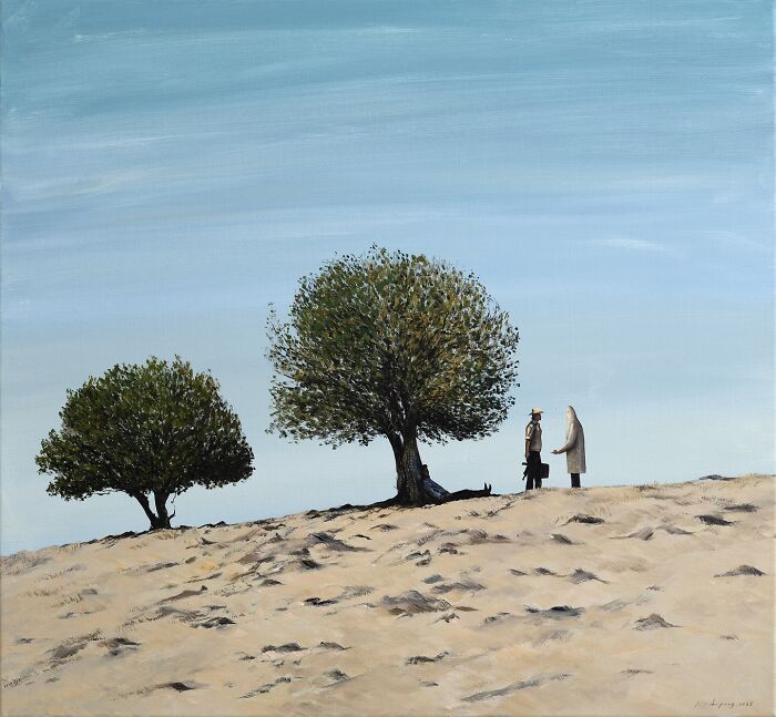 Painting by Zhiyong Jing depicting two figures near trees in a surreal landscape exploring dreams and reality.