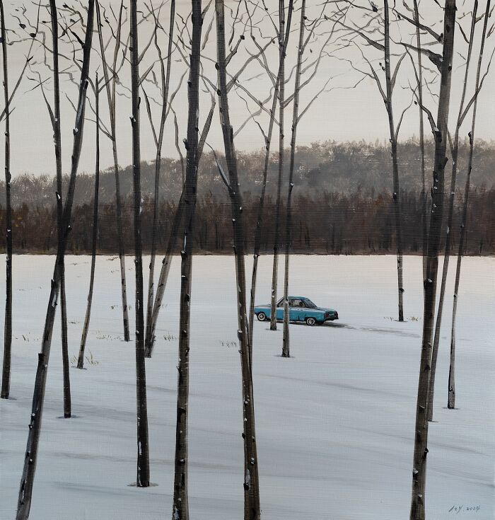 Winter landscape painting by Zhiyong Jing depicting a blue car among leafless trees in a snowy field between dreams and reality.