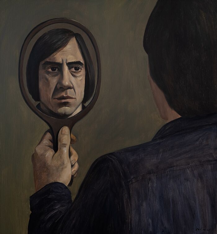 Man holding a hand mirror reflecting a somber face in a dark setting, painted by artist Zhiyong Jing.