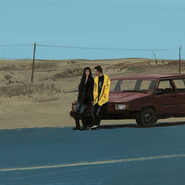 Two people leaning against a red car on a roadside, painted by artist Zhiyong Jing capturing space between dreams and reality.