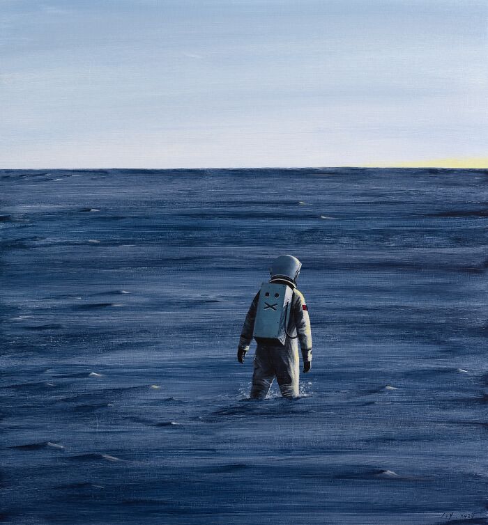 Astronaut figure standing in a deep blue ocean, illustrating the space between dreams and reality in a surreal painting.
