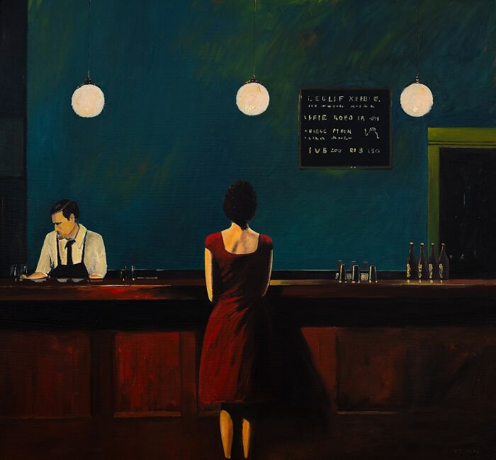 Woman in a red dress standing at a bar counter in a dimly lit room, painted by artist Zhiyong Jing.