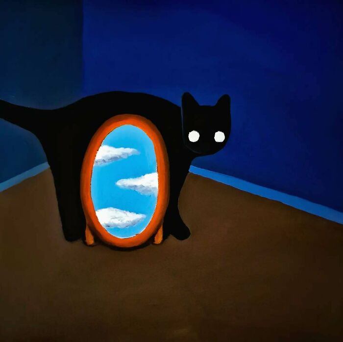 Surreal cat world art from Berlin artist showing a black cat with a mirror reflecting a dreamlike sky with clouds.