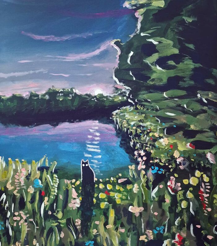 Surreal cat world painting by Berlin artist showing a black cat in a dreamlike lakeside garden at twilight.